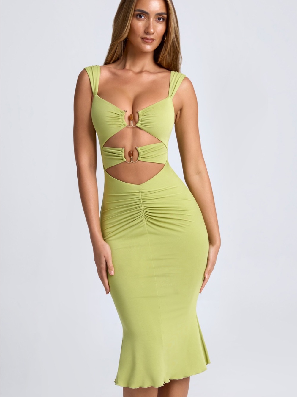 Oh Polly Chartreuse Cutout Midi Dress with Ring Accents